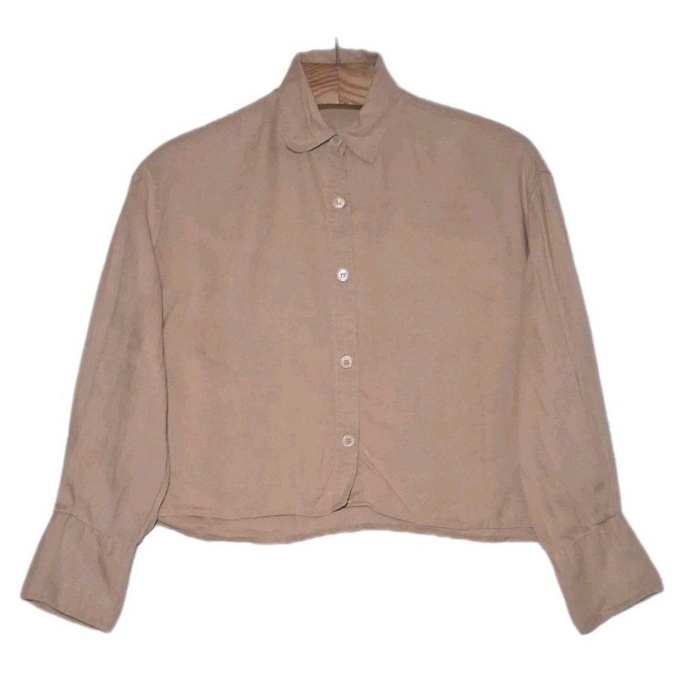 Zara Womens 100% Linen Cropped Button Down Shirt Brown Medium Boxy minimalist - Picture 2 of 9